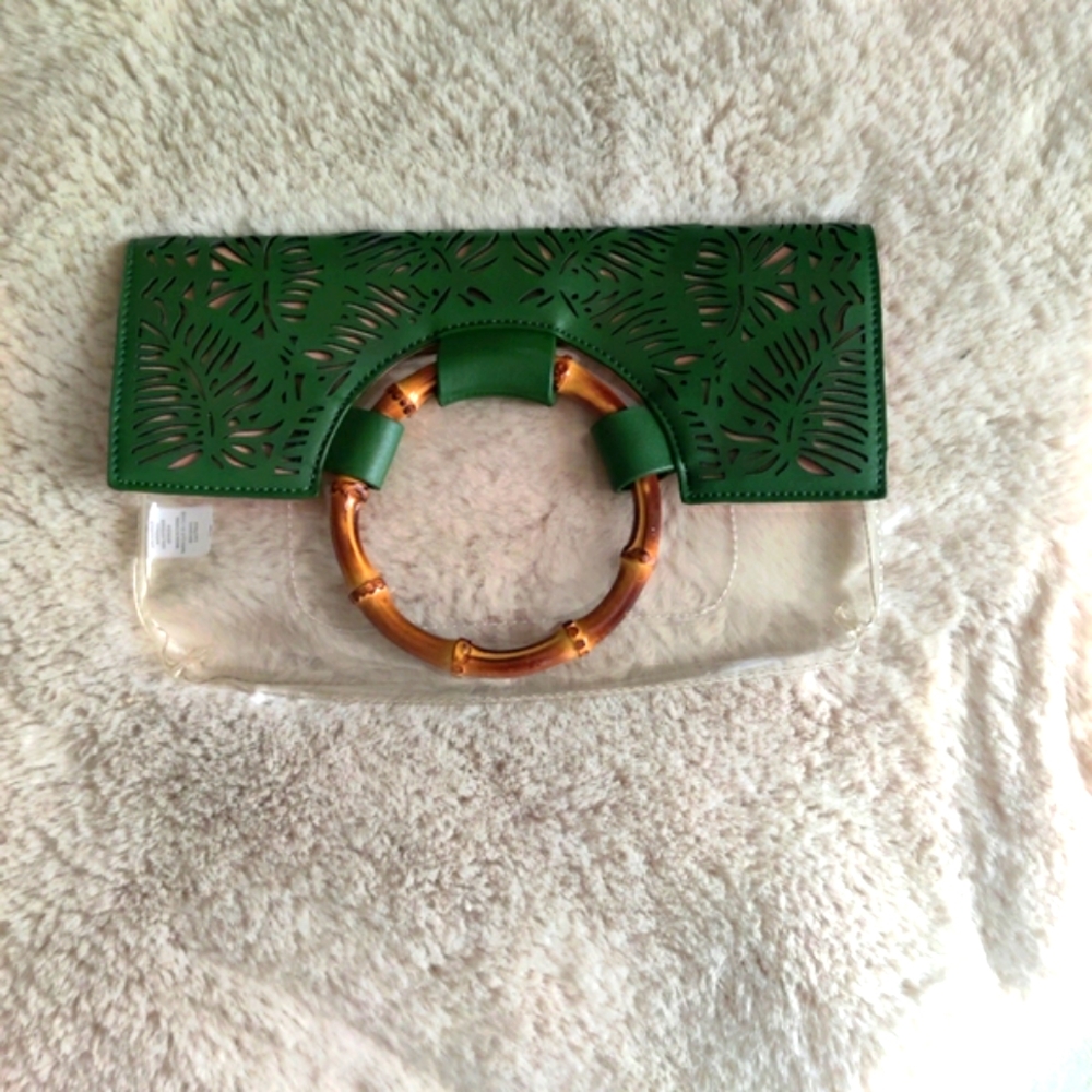 Clear Wooden Handle Clutch with Green & Pink Leaf